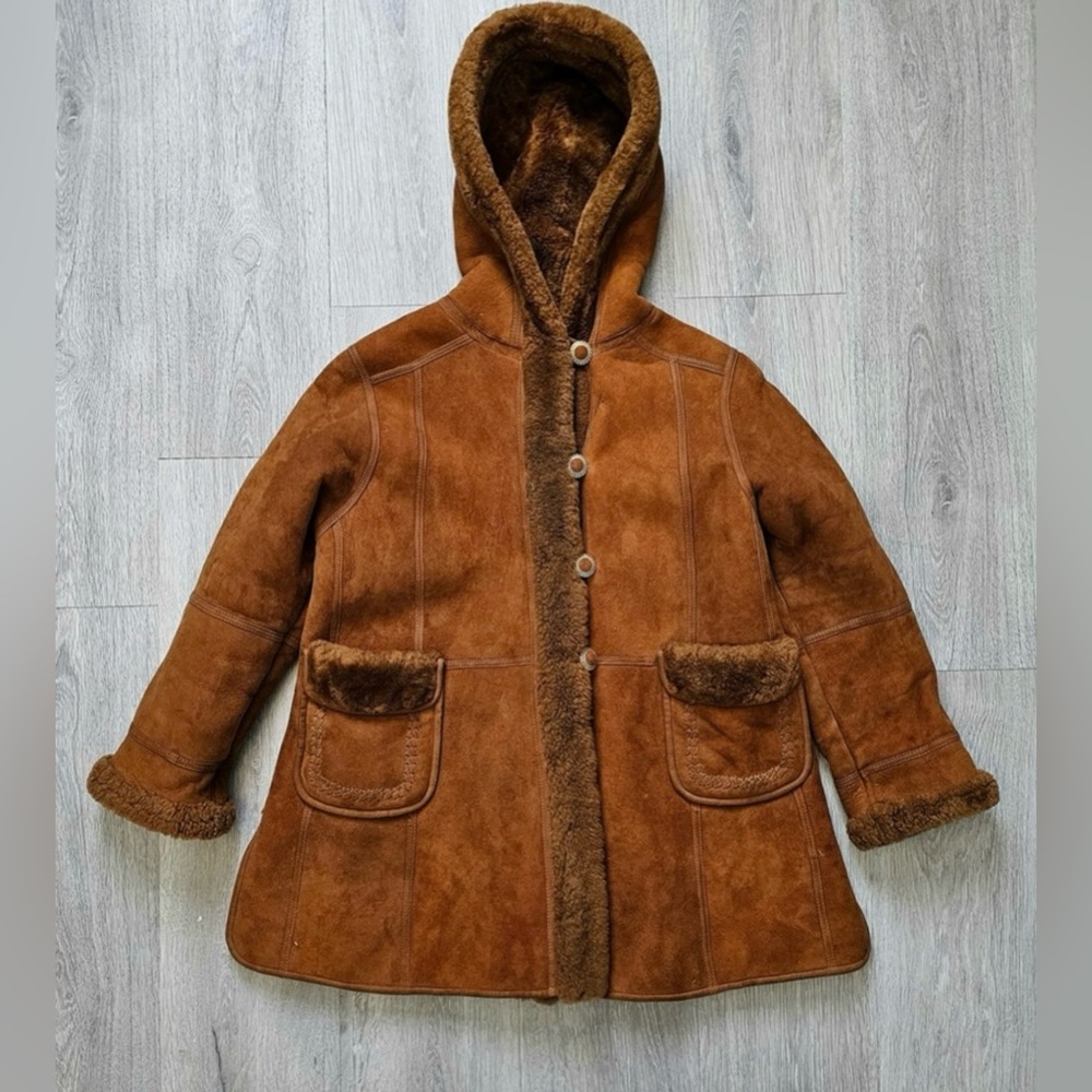 Girl’s Suede Leather Shearling Hooded Winter Coat